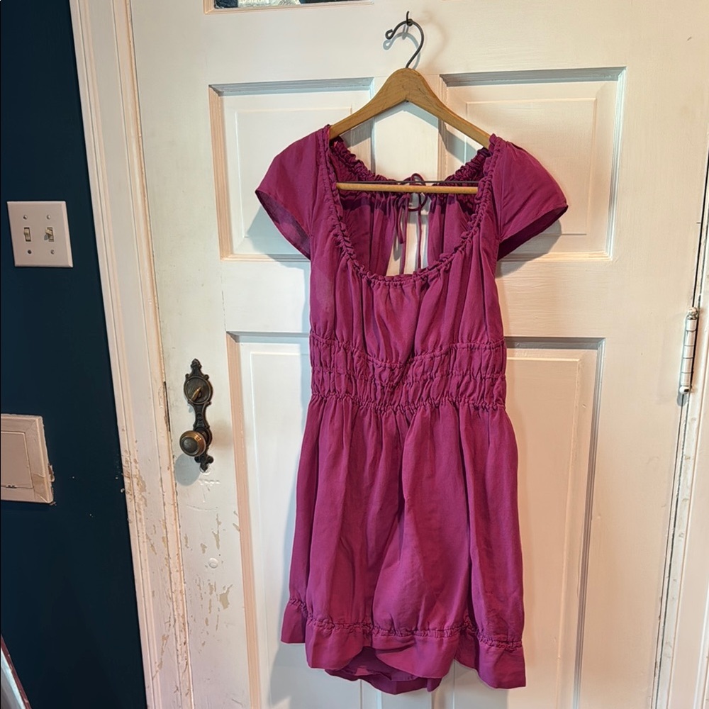 Anthropologie Raspberry linen blend dress with cut out back